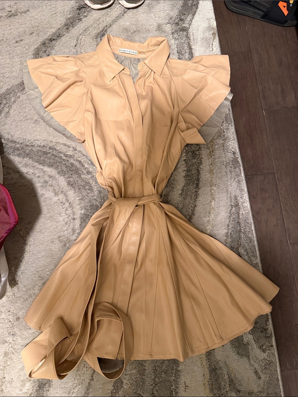 Alice + Olivia Beige/Tan Leather Belted Shirt Dress